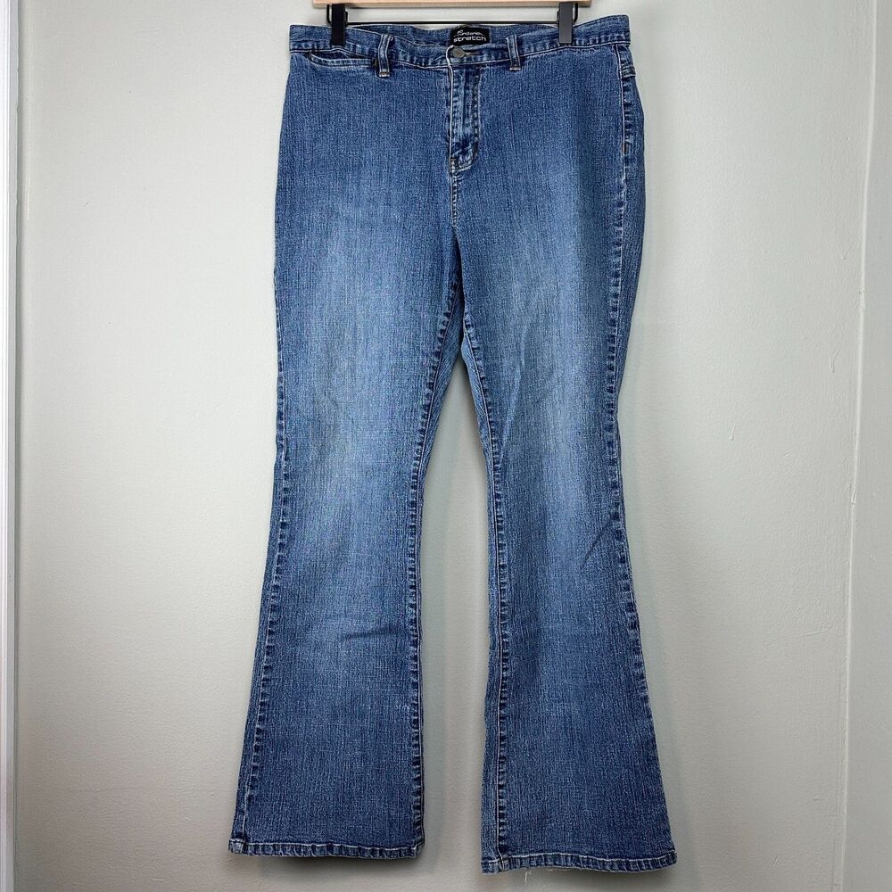 Y2K No Boundaries Flare Jeans Womens 16 36" Blue Denim Stretch Emo Scene Preppy